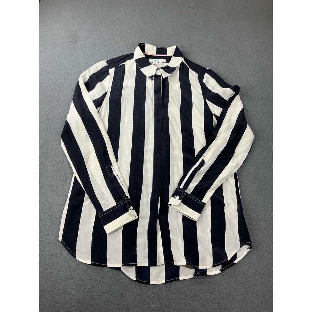 Boden Tunic Womens 4 Blue Silk Striped Button-Up Relaxed Fit Long Sleeve